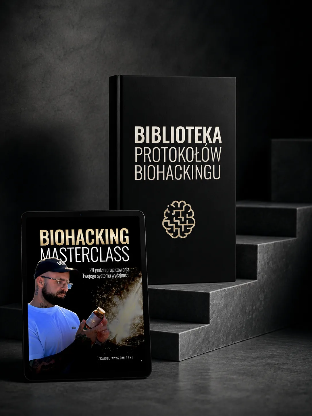Mockup biblioteki protokołów biohackingu z notesem i butelką.