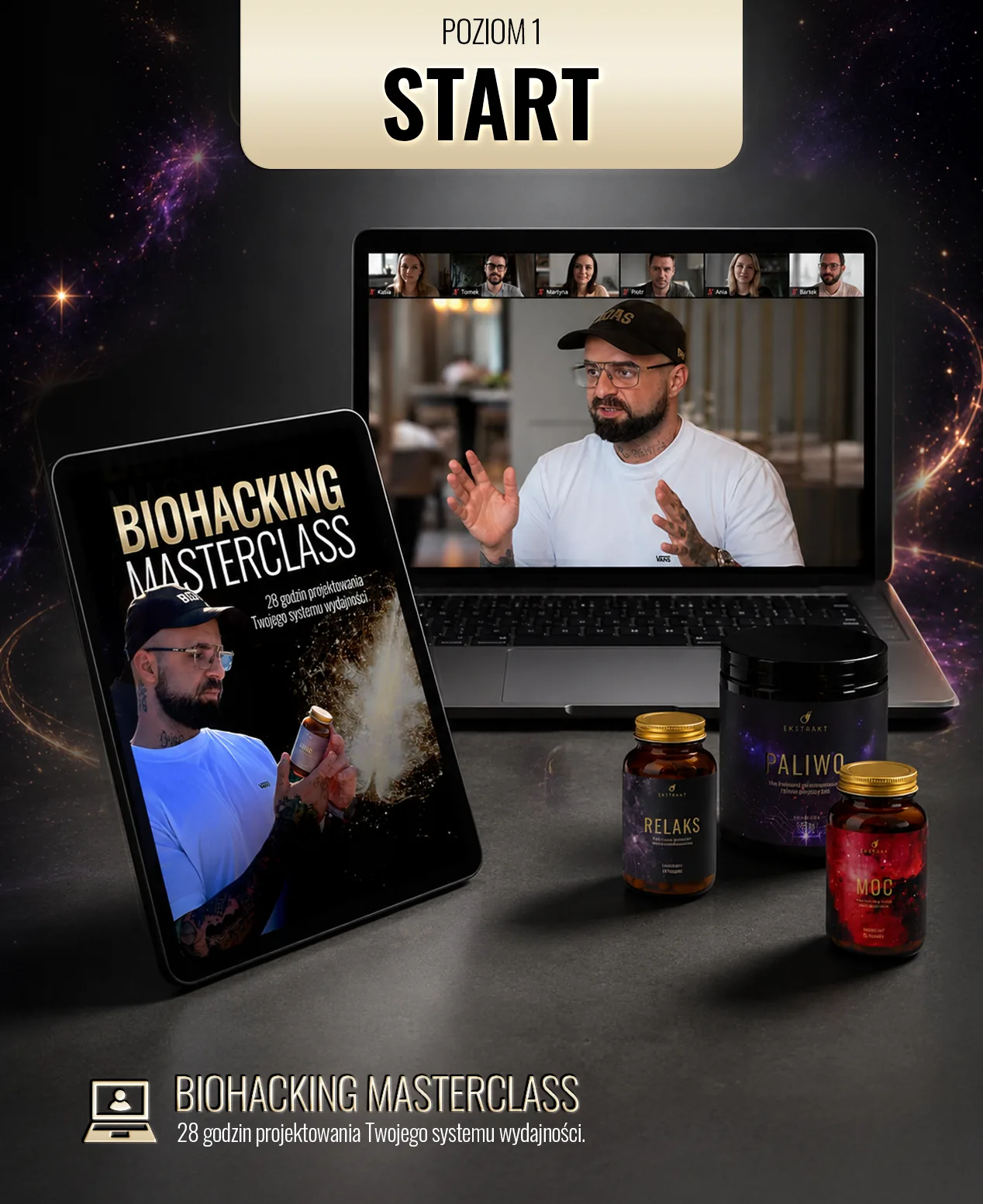 Pakiet Biohacking Masterclass START z warsztatem online i zestawem suplementów.
