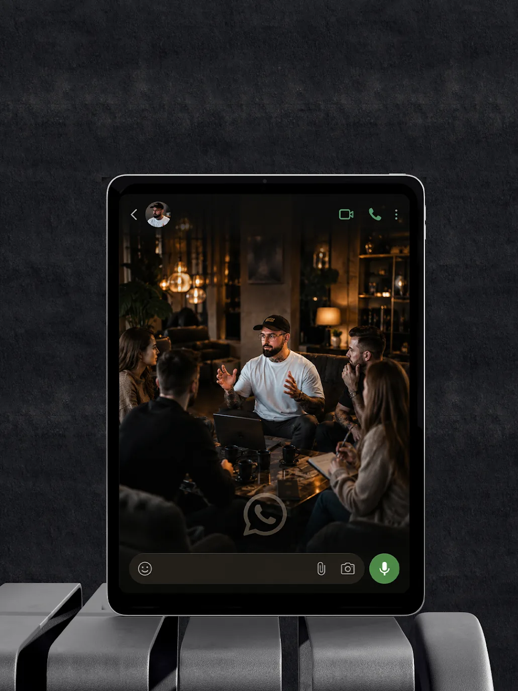 Mockup telefonów z grupą wsparcia oraz otwartego notesu.