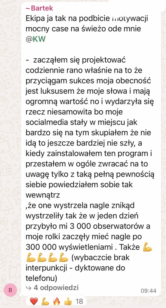 Zrzut ekranu rozmowy z uczestnikiem programu NEUROHACKING GYM: PIENIĄDZE & BIZNES