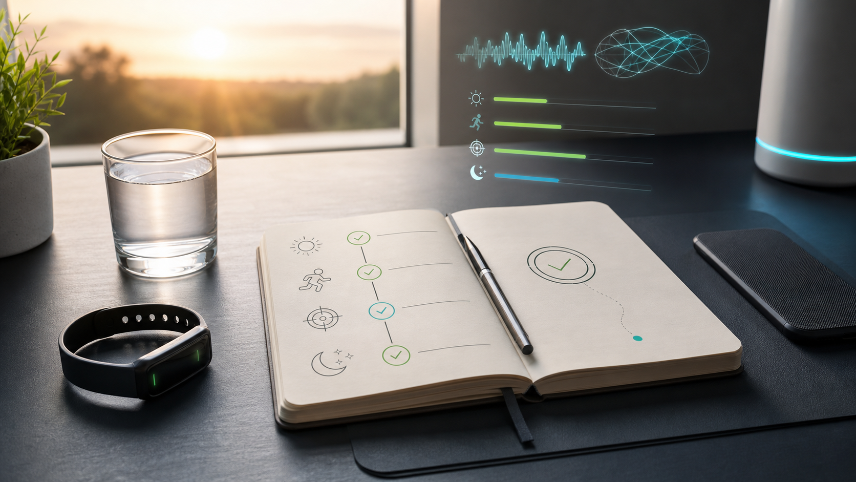 Ilustracja neurohackingu z zielonym mózgiem, energią, fokusem i snem jako elementami systemu.